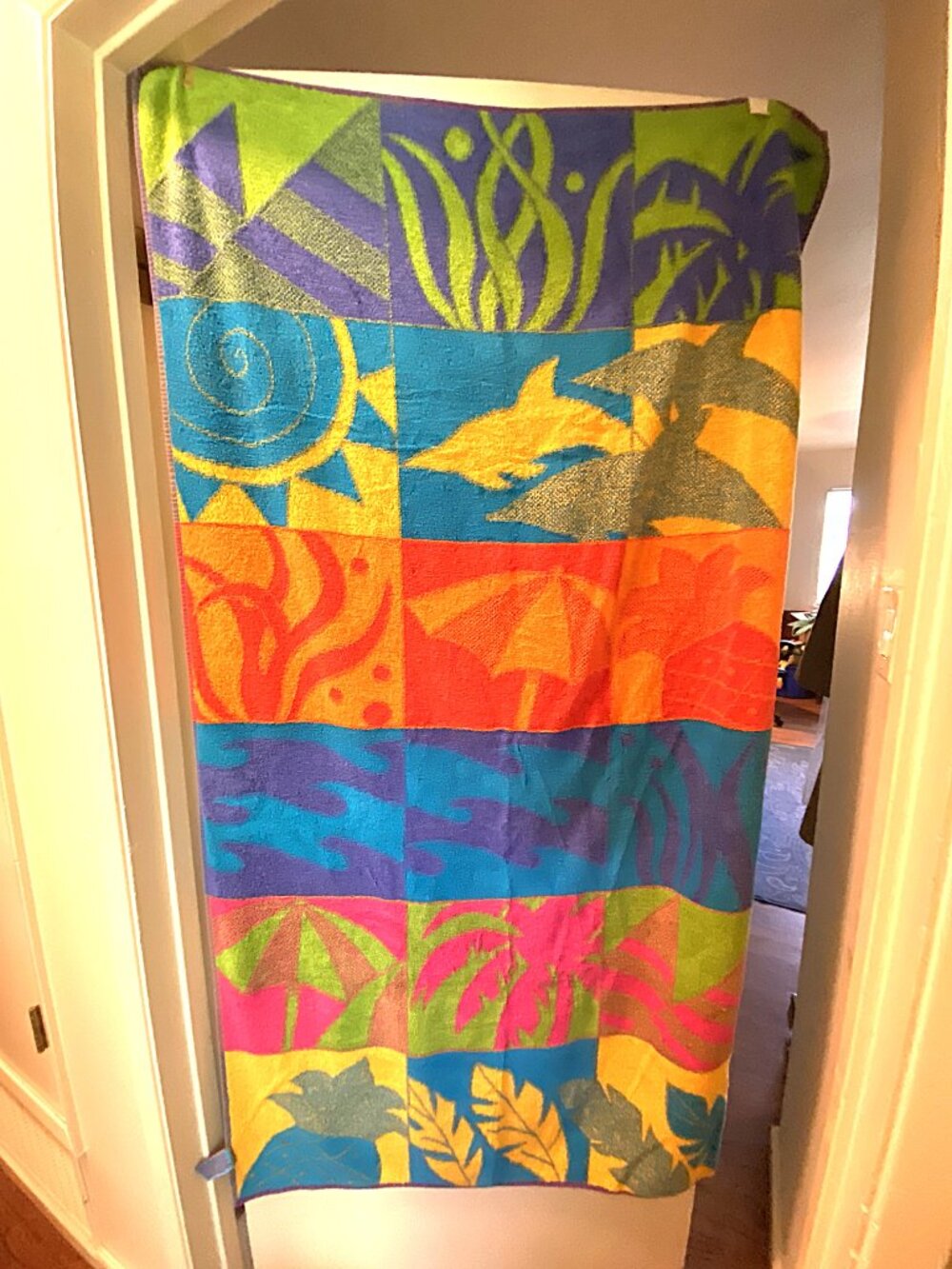 Vintage Tropical Beach Theme Velour Beach Towel Dolphin Palm Trees Umbrella Colo